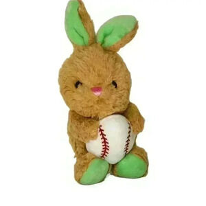 Hug Fun tan plush Bunny w Baseball Egg green inner ears footpads 10 in
